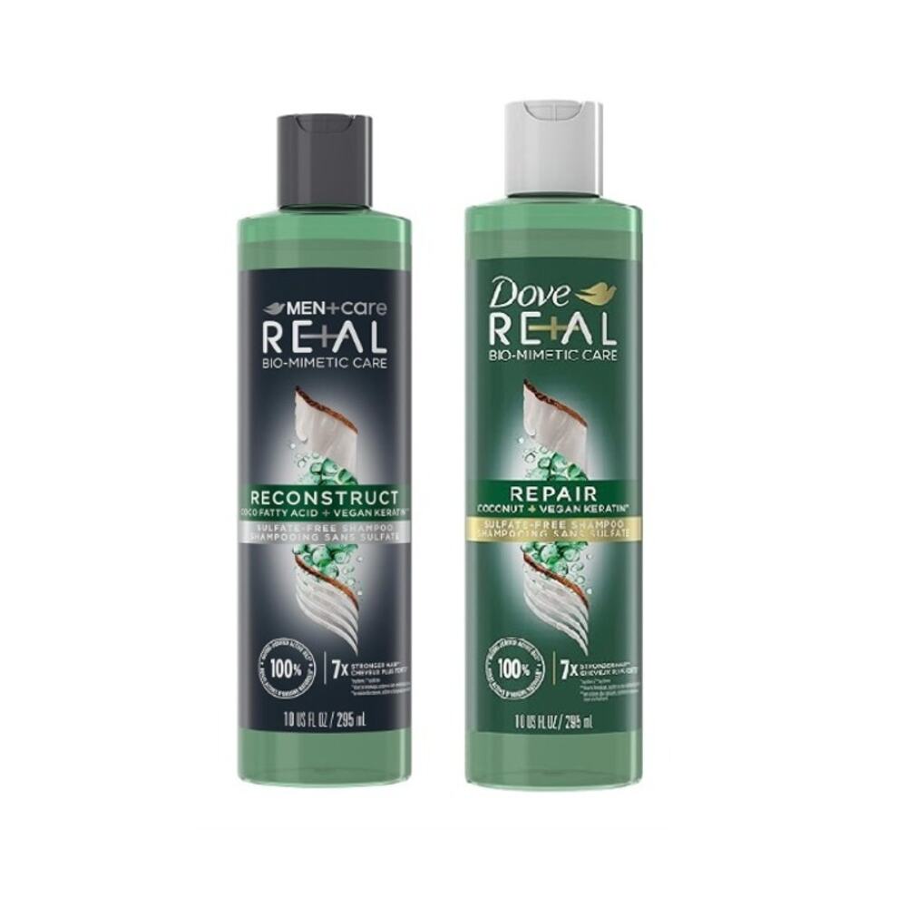 2 Pack Dove Men + Care Real Bio Mimetic RECONSTRUCT & REPAIR Shampoo Set